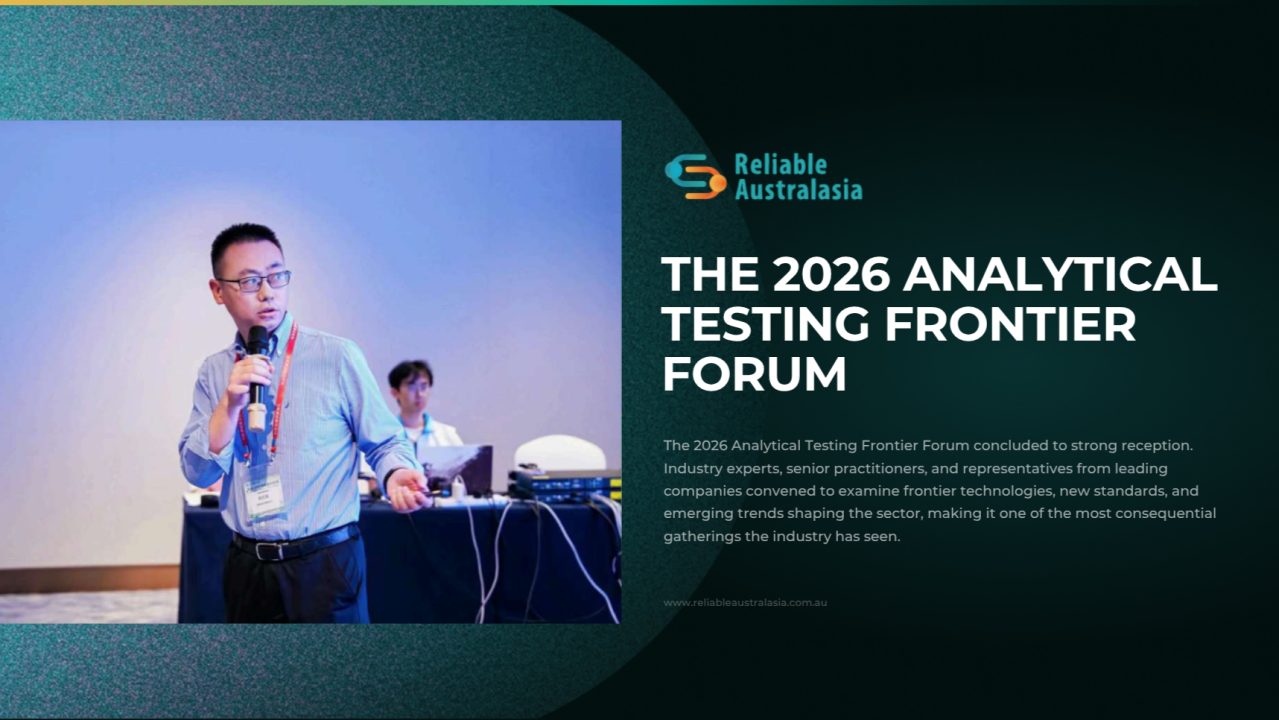 Dr Han Zhiqiang presenting at the 2026 Analytical Testing Frontier Forum, alongside the Reliable Australasia logo