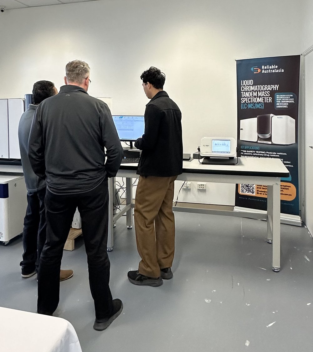 Acquisition data from the Insight TQ9000 LC-MS/MS under review during a demonstration session at the Reliable Australasia laboratory