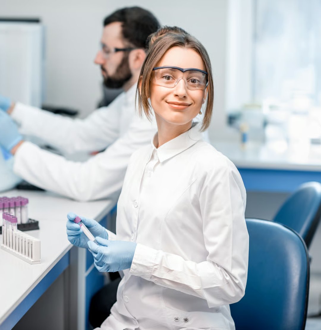 Laboratory staff working with racked blood collection tubes in a clinical pathology laboratory